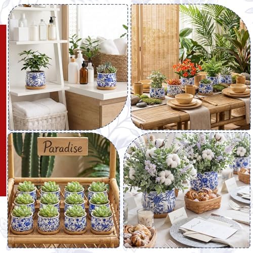 12 Pcs 3" Ceramic Chinoiserie Succulent Plant Pot Blue and White Porcelain Planter with Bamboo Tray Drainage Hole Mini Chinese Flower Jardiniere for Cactus Herbs Home Office Indoor Decor - Image 4