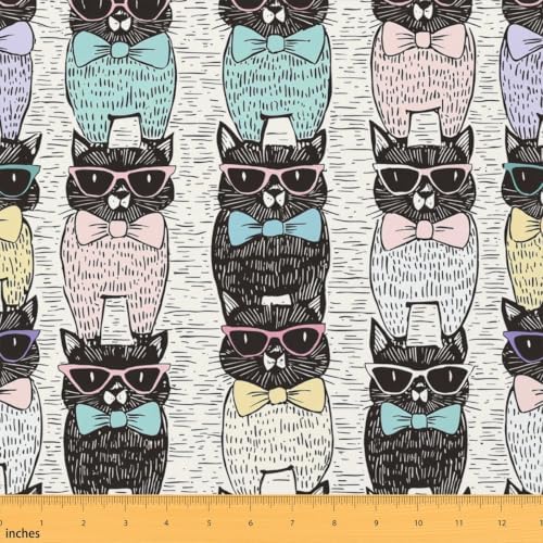 Cat Fabric By The Yard, Cartoon Animal Upholstery Fabric for Chairs, Cute Pet Decorative Fabric, Colorful Glasses Indoor Outdoor Fabric, Gift Funny Education Waterproof Fabric, 3 Yards by Erosebridal