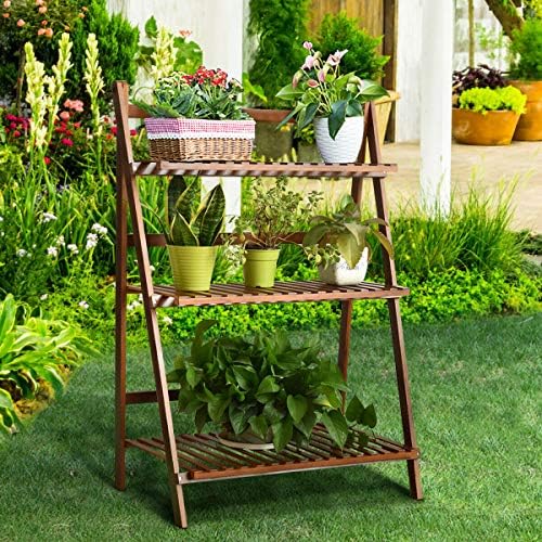 COSTWAY Bamboo Plant Stand, Foldable Multifunctional Flower Display Ladder Shelf, 3-Tier Storage Rack - Image 3