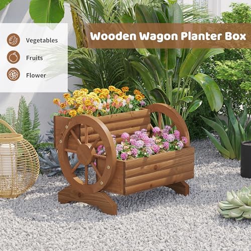 Wooden Wagon Planters for Outdoor Plants, Flower Cart, Wood Planter Boxes Outdoor, Backyard Decor, Flower Planters Outdoor with Wheels Planter for Flowers Vegetables (Brown) - Image 5