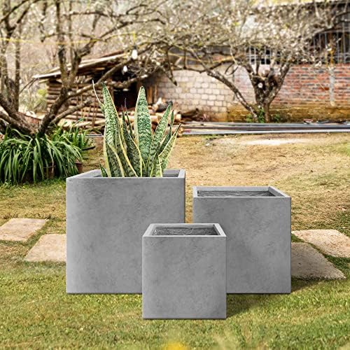 Kante RF0001ABC-C80021 Set of 3 Lightweight Modern Square Outdoor Planters, 16, 12 and 10 Inch Tall, Natural Concrete - Image 4