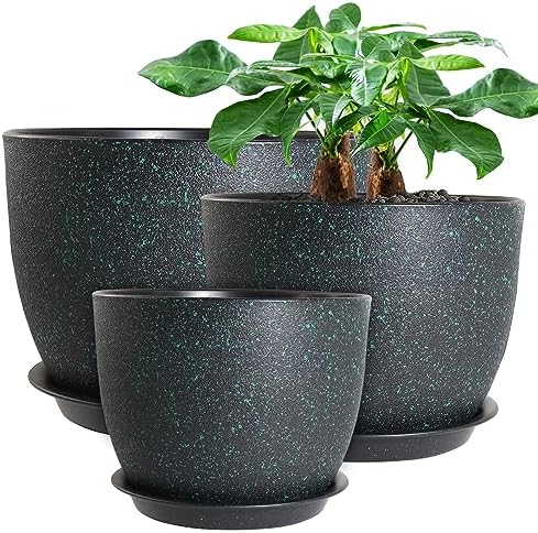 UOUZ 12/10/9 Large Modern Plant Pots, Plastic Planters with Drainage Holes and Saucers for Indoor Outdoor Plants Flowers, Black with Green Speckles by UOUZ