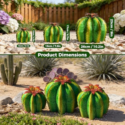 KODIBO Metal Cactus Outdoor Decor, 3-Pack Fake Barrel Cactus Sculptures - Image 2