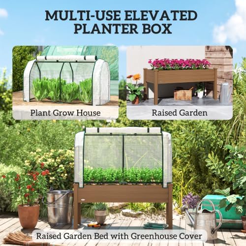 Outsunny Raised Garden Bed with PE Greenhouse Cover 48x22x46 inch Brown - Image 5