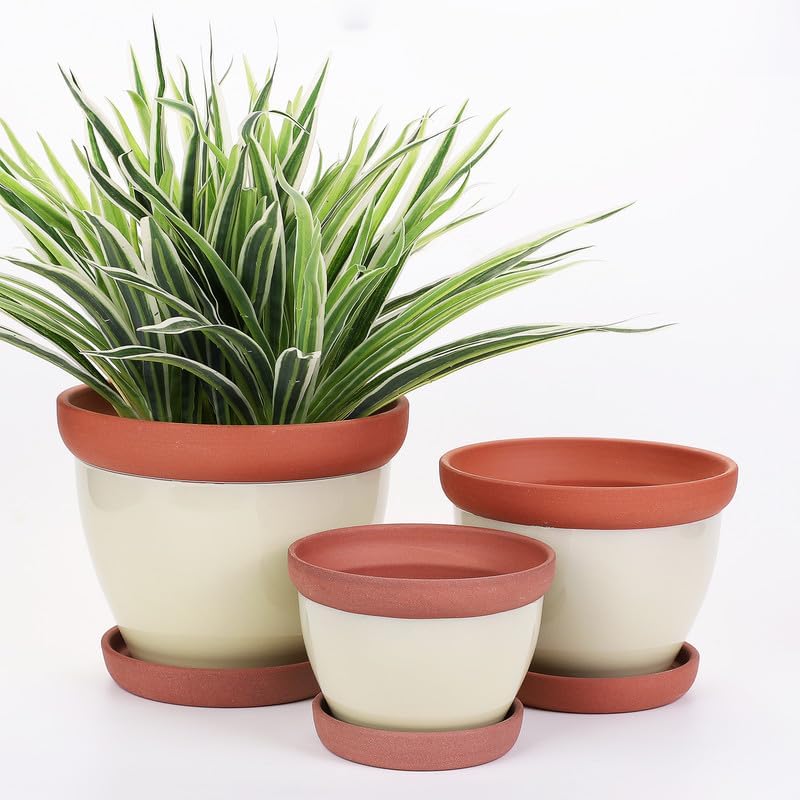 Yishang Glazed Terracotta Pots with Saucers, Set of 3, 5", 6", and 7" Sizes, Ceramic Clay Planter Pots with Drainage Holes - Yellow by Yishang