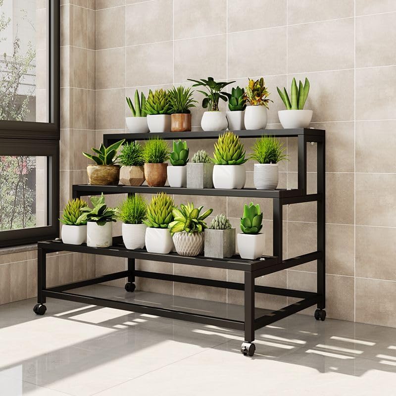 LAKIQ 3-Tiered Metal Plant Stand with Wheels Rolling Rectangle Plant Display Shelf Rack Indoor Outdoor Movable Flower Stand Shelf for Balcony Patio Garden (Black, 47.2" L x 24" W x 30" H) by LAKIQ