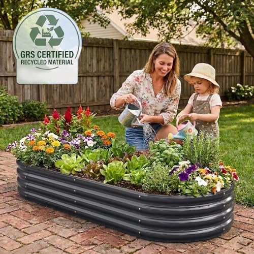 Rakukiri Raised Garden Bed GRS Certified Galvanized Planter Box Outdoor, 5ft Oval Rot-Resistant Metal Garden Bed Planter, Recycled Material Planter for Vegetables Flowers Herbs (Grey) - Image 2