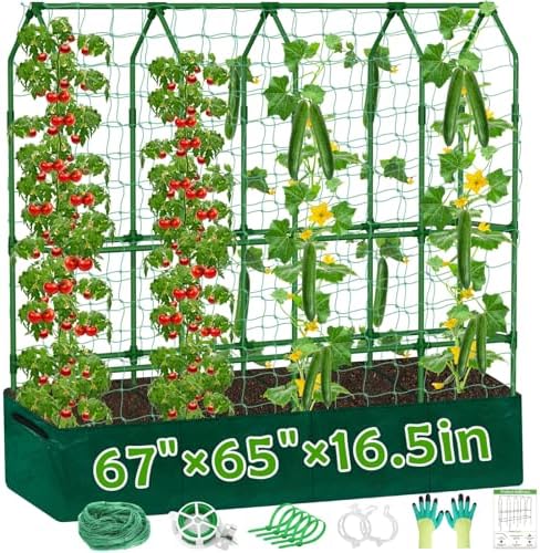Large Cucumber Trellis for Climbing Plants with Grow Bag, 67"×65"×16.5" Metal Garden Trellis for Raised Bed with Garden Netting and Plant Clip Plant Ties for Vegetables, Squash, Pea, Grape, Tomato by ROADPLUM