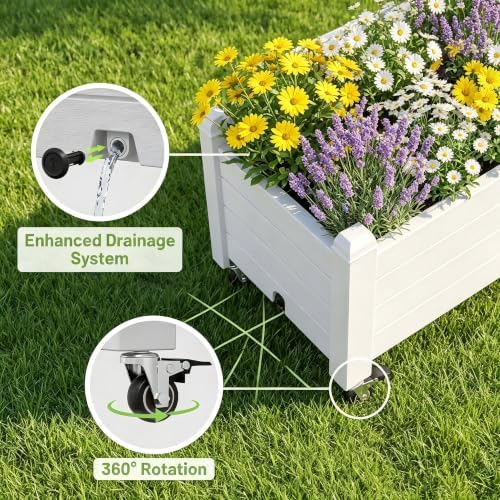 Raised Garden Bed with Wheels, Rolling Resin Planter Box,White - Image 6