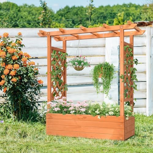 Outvita Raised Garden Bed with Trellis, Wood Planter Box with Hanging Roof, Side Trellis and Drainage Holes, Above Ground Elevated Garden Bed for Outdoor Climbing Plants Vines Vegetables (Teak Color) - Image 6