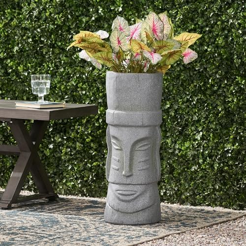 Christopher Knight Home Jorine Lightweight Concrete Planter, Cast Stone Planter, Moai Design Urn, Tall Plant Pot, Easter Island Garden Pot with Drainage Hole for Backyard Hall Garden, Stone Gray - Image 2