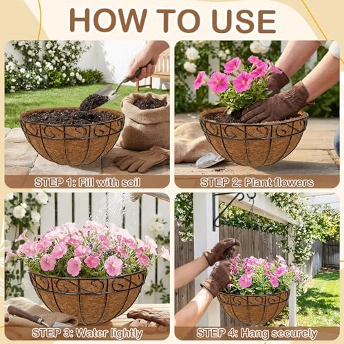4 Pack 14 inch Metal Hanging Baskets for Plants, Round Metal Wire Hanging Basket Planter with Coco Fiber Liners Chain for Garden Home Porch Patio, Flower Border - Image 4