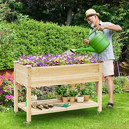 GIANTEX Raised Garden Bed on Wheels, Wood Planter Box with Legs, Liner, Drain Holes, Elevated Garden Bed for Vegetables, Standing Garden Container for Backyard, Patio, 47.5" LX 23.5" WX 33" H - Image 2