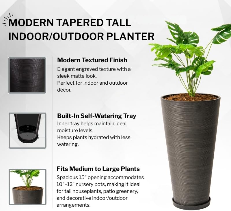 XBrand 28-Inch Tall Round Tapered Planter, Indoor and Outdoor Patio Décor, Set of 2, Black - Image 6