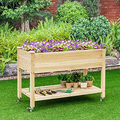 GIANTEX Raised Garden Bed on Wheels, Wood Planter Box with Legs, Liner, Drain Holes, Elevated Garden Bed for Vegetables, Standing Garden Container for Backyard, Patio, 47.5" LX 23.5" WX 33" H - Image 3