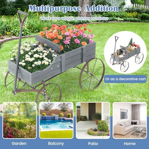 DORTALA Wood Wagon Planter, Outdoor Garden Flower Planter Cart with Wheels, Small Decorative Wood Raised Bed Plant Pot Box Stand for Backyard, Patio, Balcony, Grey - Image 7