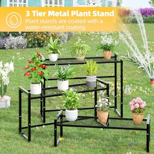 Simple Trending 3 Tier Metal Plant Stand Outdoor Indoor Waterproof, Stackable Heavy Duty Tall Plant Shelf Flower Pot Holder for Garden, Display Rack, Black - Image 4