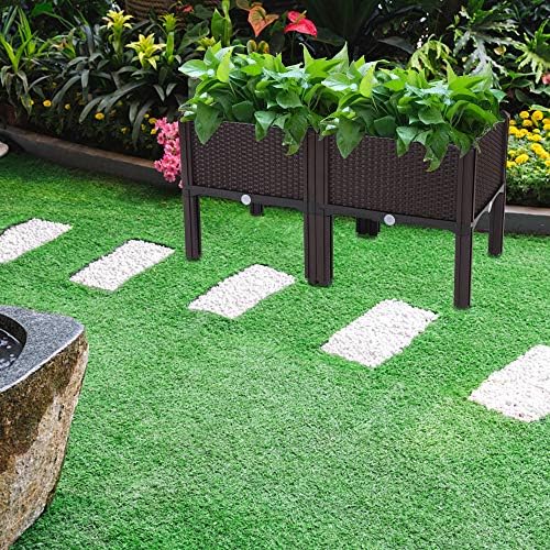 2 Pcs Plastic Elevated Garden Planters Box,Indoor/Outdoor Flower Pot,Large Planting Planter Boxes,Vertical Flower Pot Stand,with Drainage Plug,for Patio Porch Lawn Yard (Brown) - Image 5