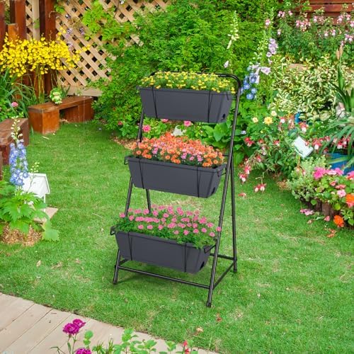 Vertical Garden Planter 3 Tier Raised Garden Bed Herb Planter Outdoor Standing Garden Planter Box with Drainage Holes Removable Tray for Patio Balcony Porch Grey - Image 5