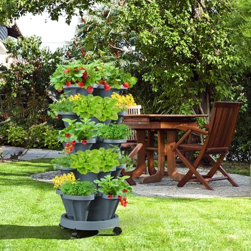 Strawberry Vertical Planters Tower Garden 3 Pack, 7 Tiered Stacking Herb Vegetable Planter with Support Pole Indoor and Outdoor - Dark Grey - Image 5