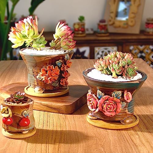 5.5 Inch Succulent Pot Handmade Flower Design Round Ceramic Antique Plant Pot Cactus Pot Planter with Drainge and Saucer Set of 2 - Image 6