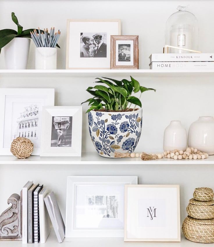 Decorative Flower Pots Blue and White Plant Pot Gold Accent Ceramic Planters for Indoor Plants Pots with Drainage Retro Planter Pot for Succulents Cactus Herb Snake Plants Outdoor Garden, 7.6/5.5 Inch - Image 5