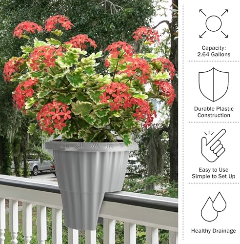 Railing Planter - 13.5-Inch Round Flower Box with Drainage Insert - 2.64-Gallon Outdoor Planter Box for Deck, Porch, or Balcony by Pure Garden (Gray) - Image 5