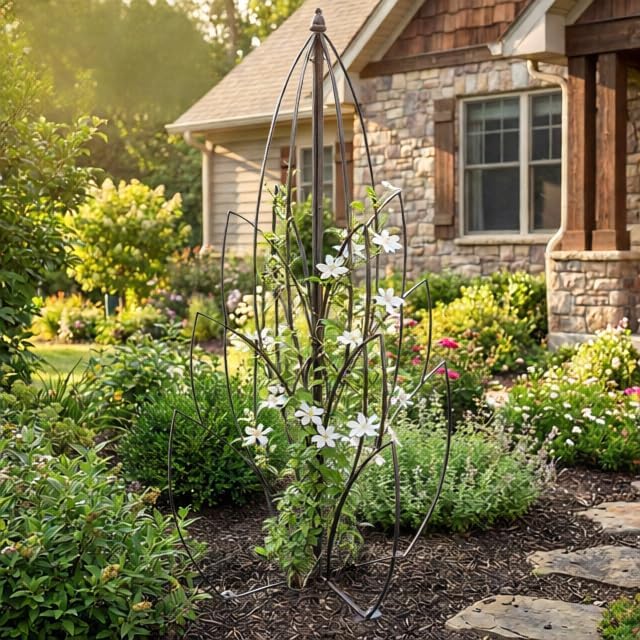 H Potter Lotus Bud Iron Obelisk Trellis for Climbing Plants, 69” Heavy Duty Garden Support with Ground Stakes, Outdoor Yard Art for Roses, Clematis, Patio & Courtyard - Image 2