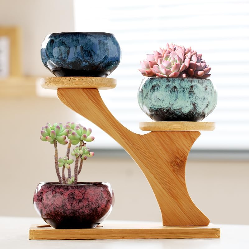 YYW Succulent Pots with Tier Bamboo Stand, Indoor Small Flower Cactus Pots - Image 2