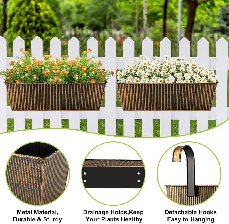3 Pcs Large Hanging Flower Pots for Railing or Fence 16 Inch Railing Planter Box for Any Balcony Porch or Deck Countryside Style Window Planter Boxes Are Perfect to Herbs & Flowers (Retro-3pcs) - Image 5
