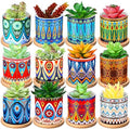 Zopeal 12 Pcs Mandala Ceramic Succulent Pots with Bamboo Trays, Colorful Boho Spring Decor Planters, Small Cactus Plant Pots for Desk Shelf Windowsill, Fiesta Home Decor by Zopeal