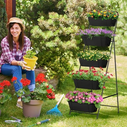 Vertical Garden Planter 5 Tiers Raised Garden Bed Outdoor Standing Herb Garden Planter with Drainage Holes and Removable Tray Planters for Outdoor Plants Vegetables Flowers Black - Image 4