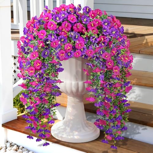Artificial Hanging Flowers for Outdoors, 6 PCS 414 Blooms Ultra Full Morning Glory Vines, UV Resistant Faux Silk Hanging Plants for Porch Window Box Patio Garden Decor, Fuchsia & Light Purple by JulakoOnline