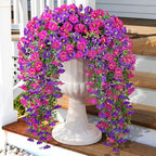 Artificial Hanging Flowers for Outdoors, 6 PCS 414 Blooms Ultra Full Morning Glory Vines, UV Resistant Faux Silk Hanging Plants for Porch Window Box Patio Garden Decor, Fuchsia & Light Purple by JulakoOnline