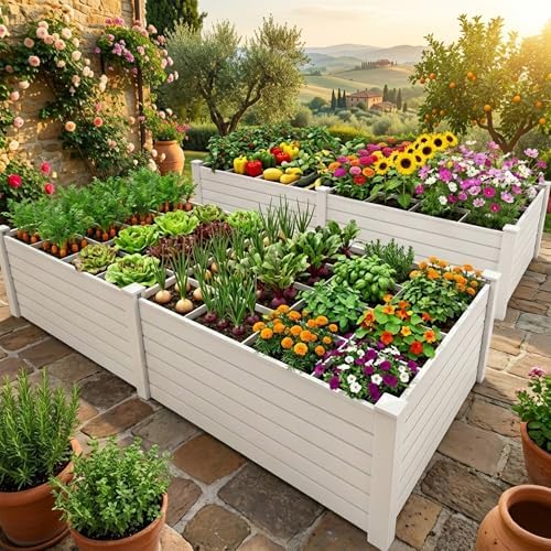YITAHOME 48x48x24 in Plastic Raised Garden Bed 2pcs with Growth Grid, Large Outdoor Vinyl Planter Box for Plants, Vegetables, and Flowers, Easy Installation, White - Image 2