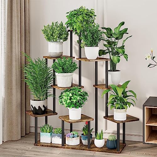 9 Tier Plant Stand Indoor, Thickened Metal Wood Corner Plant Shelf Stands for Multiple Plants, Indoor Tall Plants Stand Tiered Flower Holder for Living Room Patio Garden Balcony(Black+Brown) - Image 2