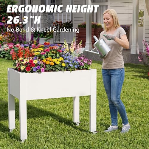 Raised Garden Bed with Wheels, Resin Elevated Planter Box, White - Image 4
