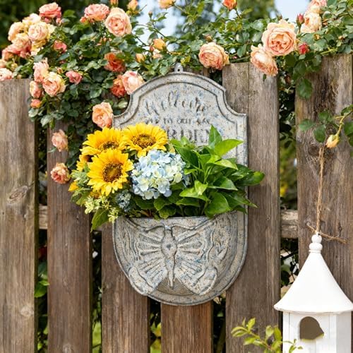 Rustic Metal Wall Planter with Butterfly Design, Welcome to Our Garden Hanging Flower Pot for Outdoor Indoor Decor, Vintage Galvanized Plant Holder for Patio, Porch, Garden - Image 3