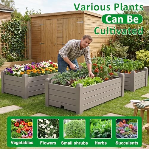 Small Raised Garden Bed, Durable Resin Planter Boxes Outdoor with Drain Plug and Water Level Monitor for Plants Vegetables Flowers Fruits(Grey) - Image 3