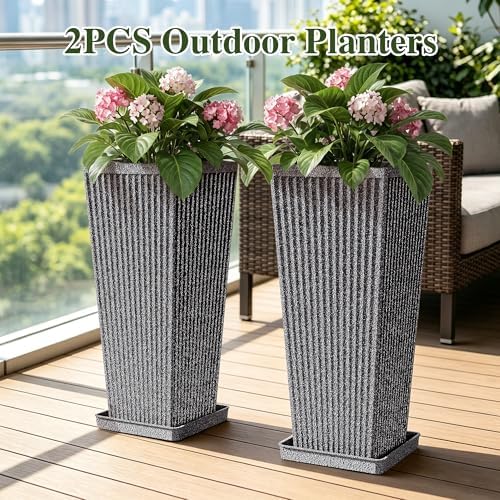 24" Tapered Tall Planters for Outdoor Plants with Tray&Shelf, Gray - Image 7