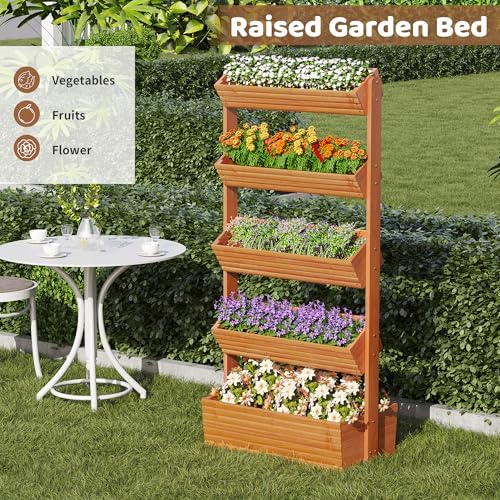 Wooden Raised Garden Bed Vertical Planter Box, Freestanding Plant Stand for Indoor Outdoor Plants, Herbs, Flowers, Vegetables, Gardening (Reddish Brown, 5-Tier，29.9 x 17.9 x 68in) - Image 3