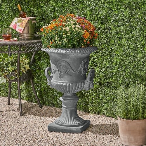 Antique Gray Tall Outdoor Flower Pots, Large Magnesium Oxide Outdoor Urn Planter with Drainage Hole, Roman Style Planter Urn for Garden, Patio, Porch & Indoor Décor - Image 5