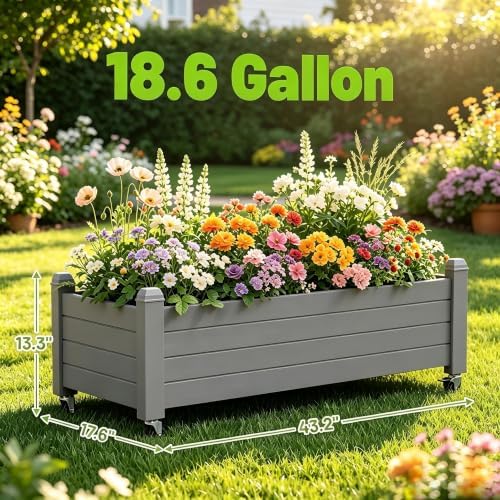 Raised Garden Bed with Wheels, Rolling Resin Planter Box,Brown - Image 3