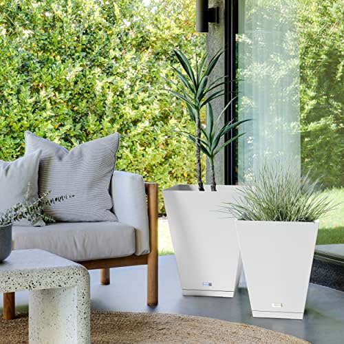 Veradek Nobleton Indoor/Outdoor Wide Square Planter (White, 22 inch - 2 Pack with 2 Saucer Trays) - Image 5