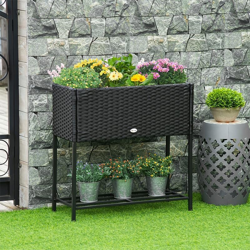 Outsunny Raised Garden Bed Elevated Planter Box Tool Storage Shelf Black - Image 3