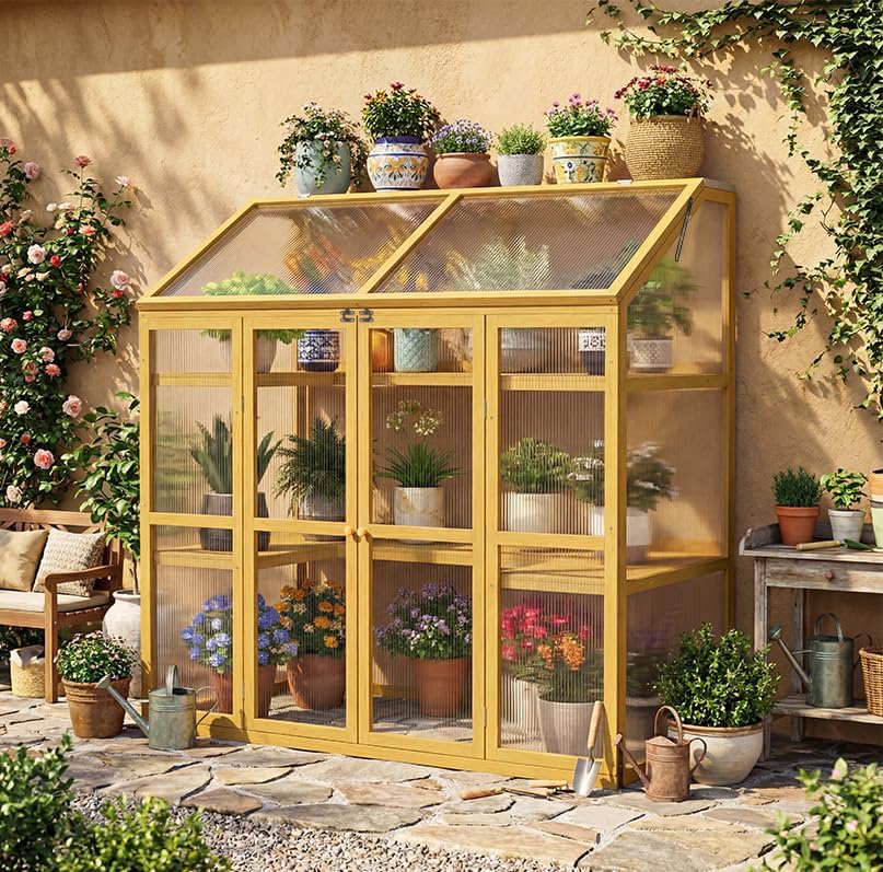 Wooden Cold Frame Greenhouse with Transparent Flip-Top Roof, Solid Wood Greenhouse Cabinet, Garden Raised Flower Plants Shelf Protection for Outdoor Indoor (Large) by Unknown