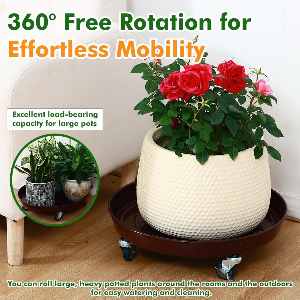 Planterhoma 3 Packs 20 inches Metal Plant Caddy with Wheels Extra-Large Rolling Plant Stand Heavy-Duty Iron Plant Dolly Casters for Indoor Outdoor Flower Pot Mover Roller Coasters, Dark Coffee - Image 7