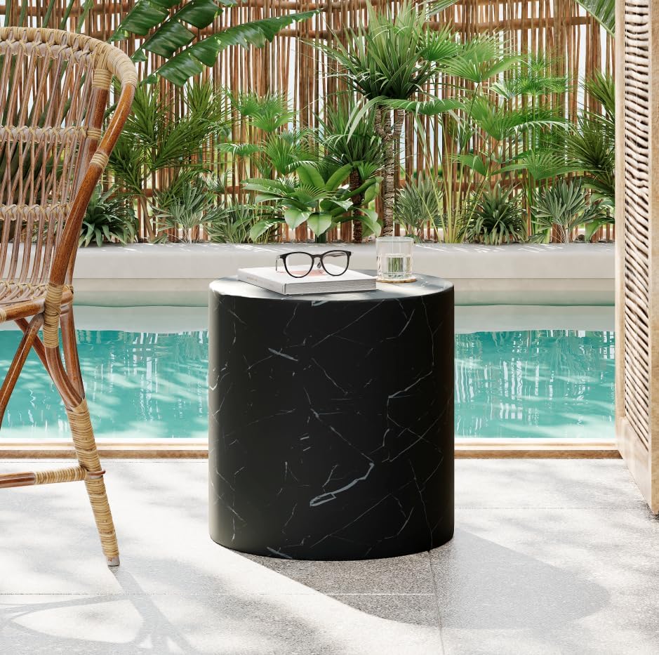 ø15.5'' Concrete Side Table End Table for Outdoor & Living Room, Modern Round Circle Cylindrical Style, Durable and Lightweight, Cement MGO Material, No Assembly, Marble Black by JJKFurniture-kevinplus